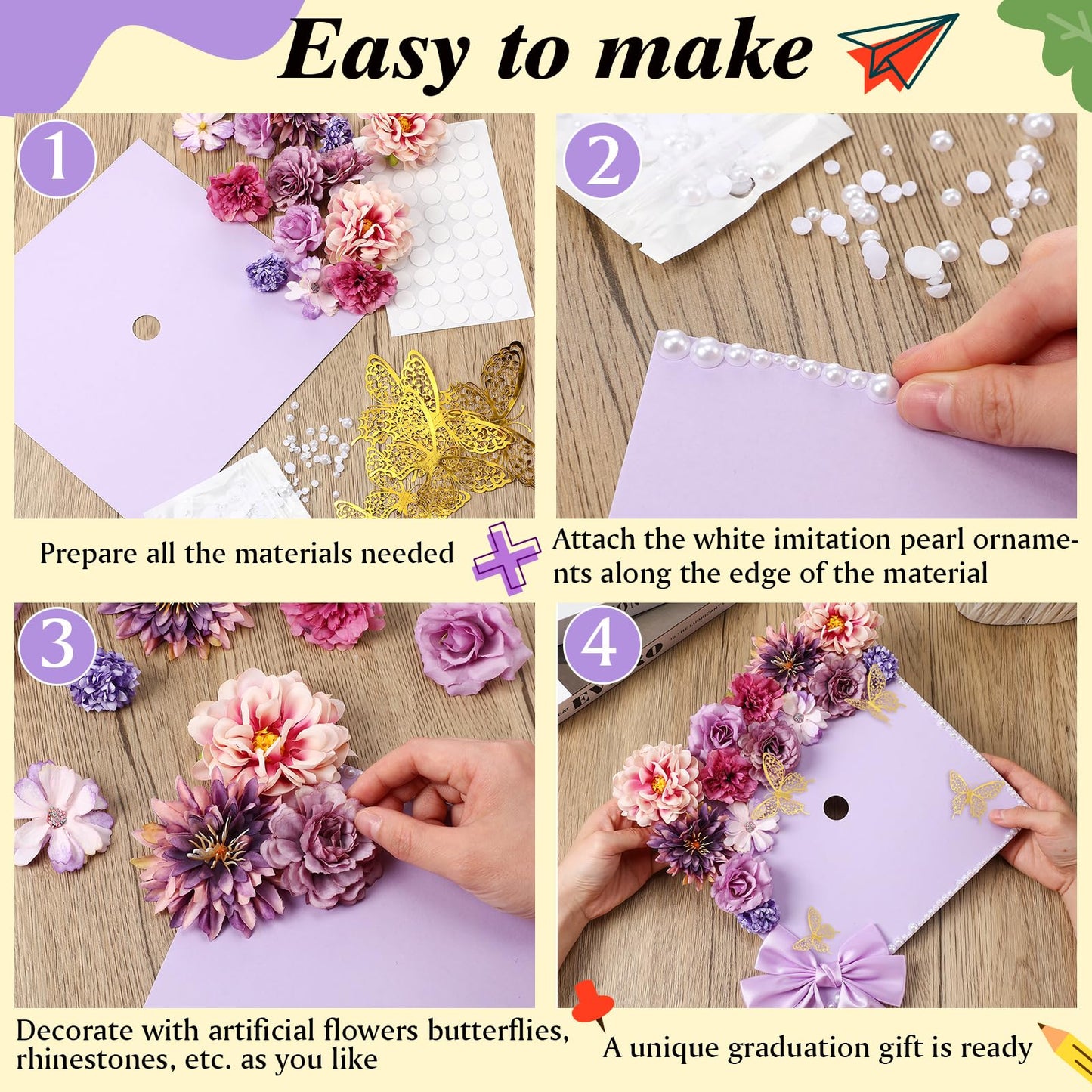MotiMind 41 Pcs Purple DIY Graduation Cap Decoration Kit, Grad Cap Decorations Grad Hat Topper Faux Assorted Flowers Bows 3D Cream Construction Paper Butterfly Stickers Pearl Adhesive Dots