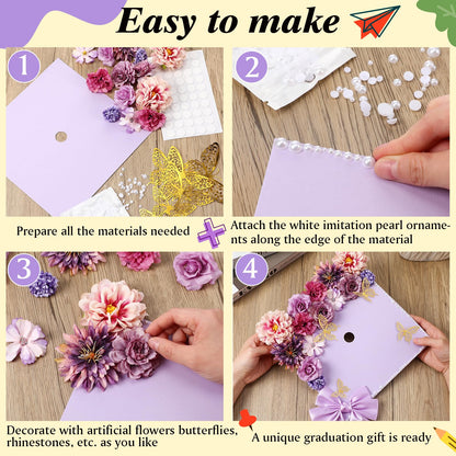 MotiMind 41 Pcs Purple DIY Graduation Cap Decoration Kit, Grad Cap Decorations Grad Hat Topper Faux Assorted Flowers Bows 3D Cream Construction Paper Butterfly Stickers Pearl Adhesive Dots