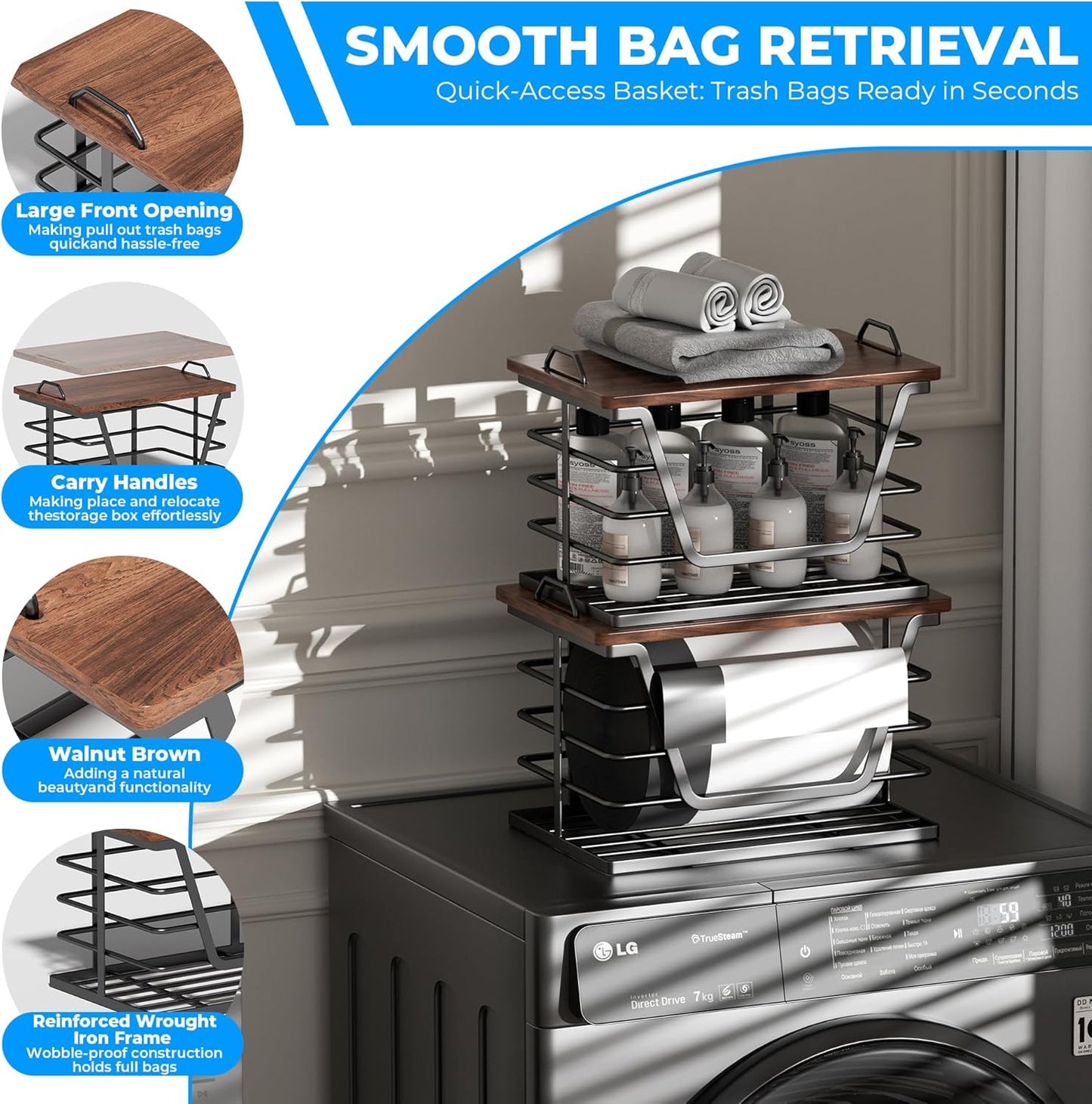 2 Pack Countertop Stackable Trash Bag Holders with Wood Top, Large & Small Garbage Bag Dispenser for Kitchen, Pantry