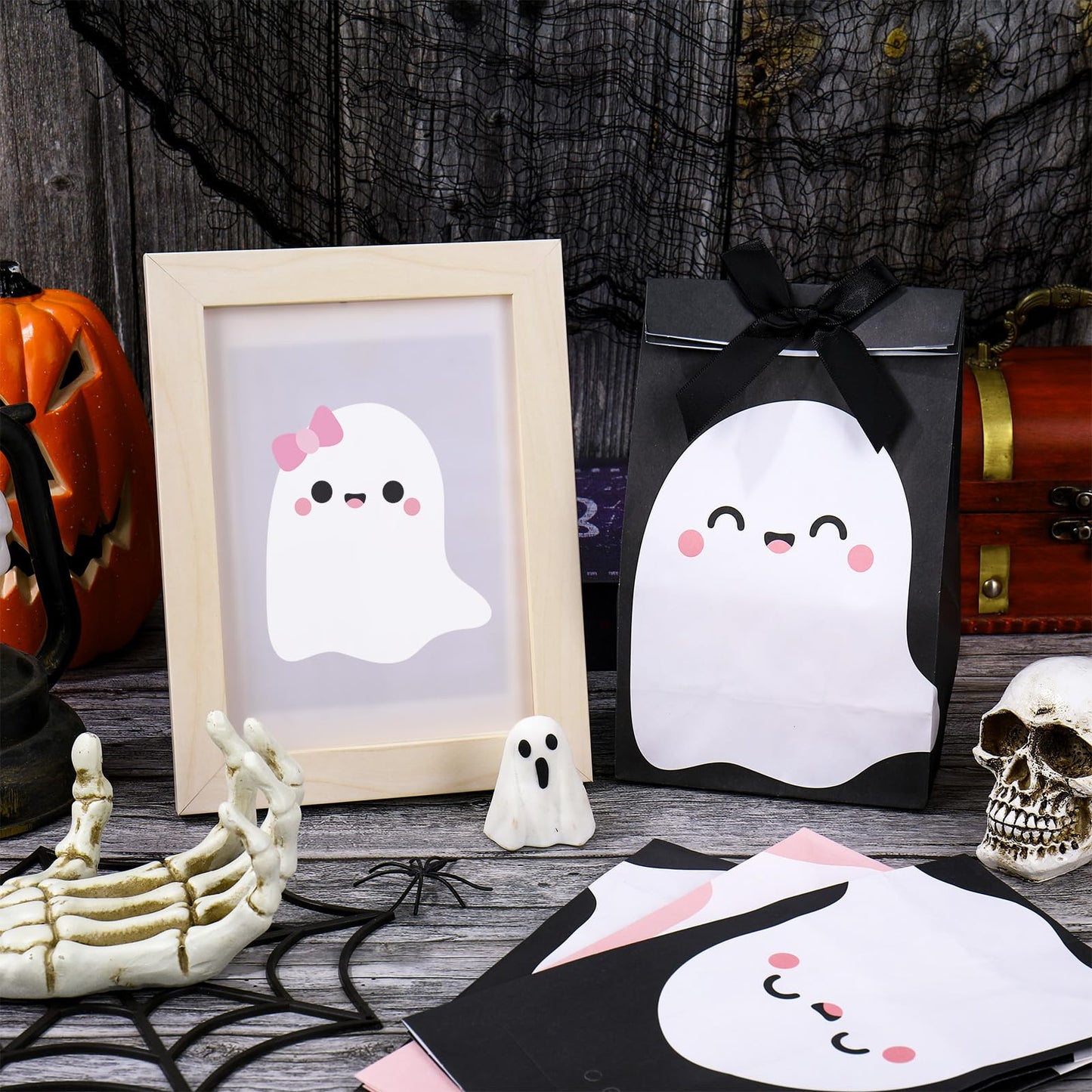 JarThenaAMCS 24Pcs Halloween Party Favor Bags Little Boo Ghost Paper Gift Bags with Black Pink Ribbon Bows Candy Goodie Treat Bag for Birthday Baby Shower Party Supplies