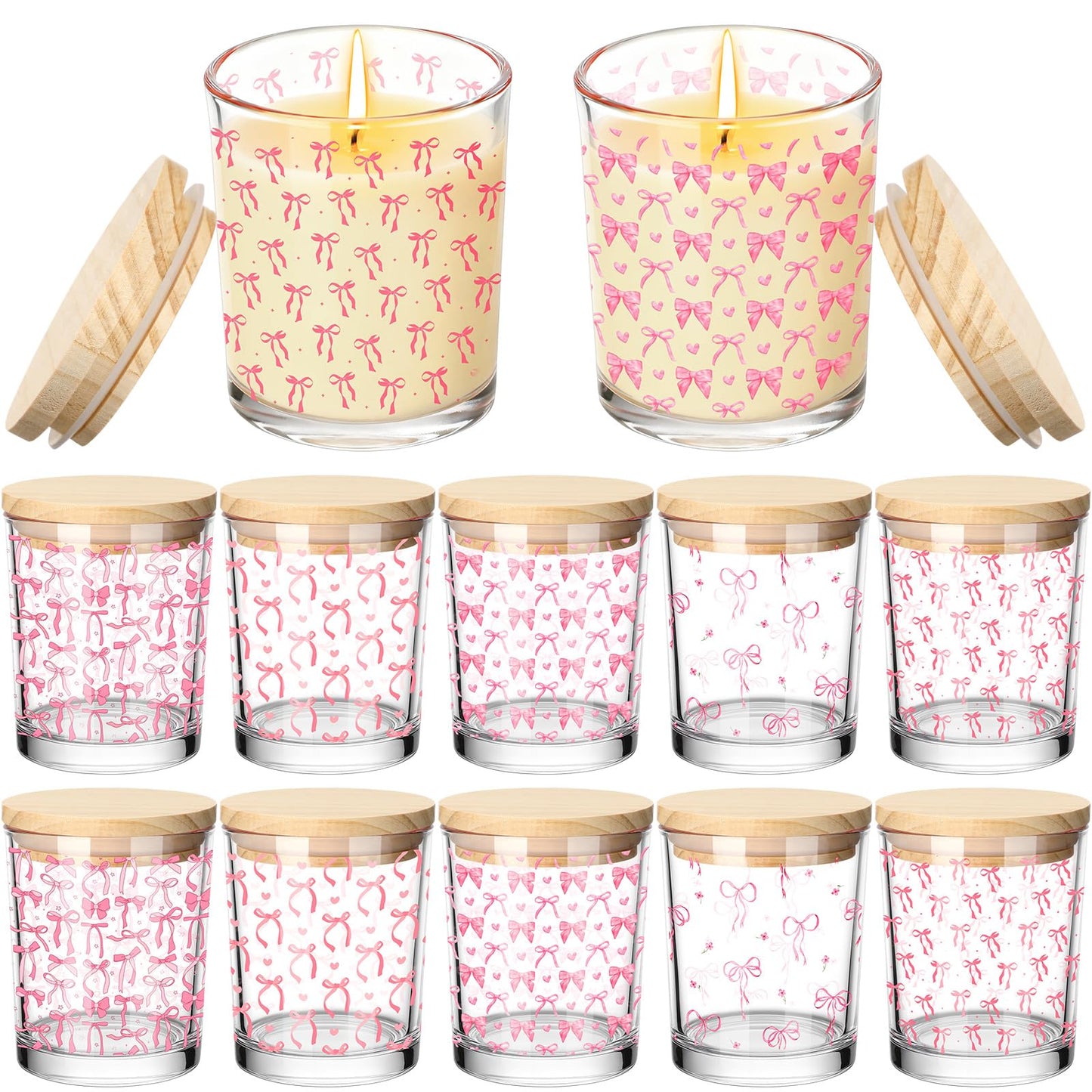 Ziliny 10 Pcs Pink Bow Glass Candle Jars Empty Containers Bulk 7 oz Glass Jars with Cork Lids Tins for Xmas Holiday Candle Making Storing Biscuits Tea Party Favors
