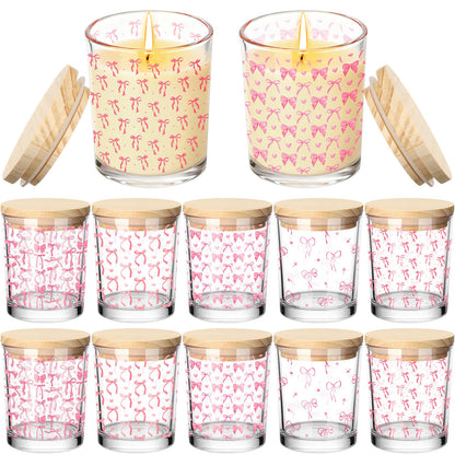 Ziliny 10 Pcs Pink Bow Glass Candle Jars Empty Containers Bulk 7 oz Glass Jars with Cork Lids Tins for Xmas Holiday Candle Making Storing Biscuits Tea Party Favors