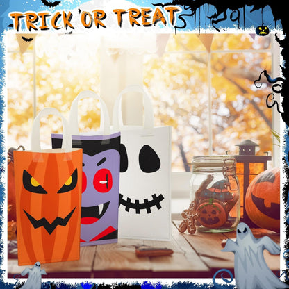 Sratte 24 Pack Halloween Non-Woven Treat Bags 6 Cute Patterns Design Trick or Treat Reusable Candy Goodies Bags with Handle Pumpkin Ghost Bat for Halloween Party Favors(10.63" x 9.06")