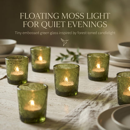 6 Pack Hummingbird Embossed Glass Candle Holders Votive Tealight Holders with Patent Design, Decorative Cups for Wedding Centerpieces, Parties, and Home Decor (Moss Green)