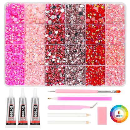 19200Pcs Pink Rhinestones for Bedazzling, 3mm -6mm Flatback Rhinestones for Diamond Art, Bedazzling Kit with 3Pcs 15ml B7000 Jewelry Glue for Nail Art Crafting Book Makeup