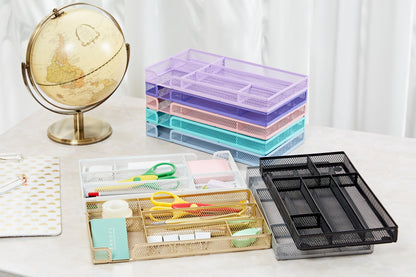 Annova Desk Drawer Organizer Tray for Office Organization - Metal Mesh - Storage Tray with Dividers for Pens, Desktop Accessories, Bathroom, Kitchen, Makeup and Office Supplies (Small, Gold)