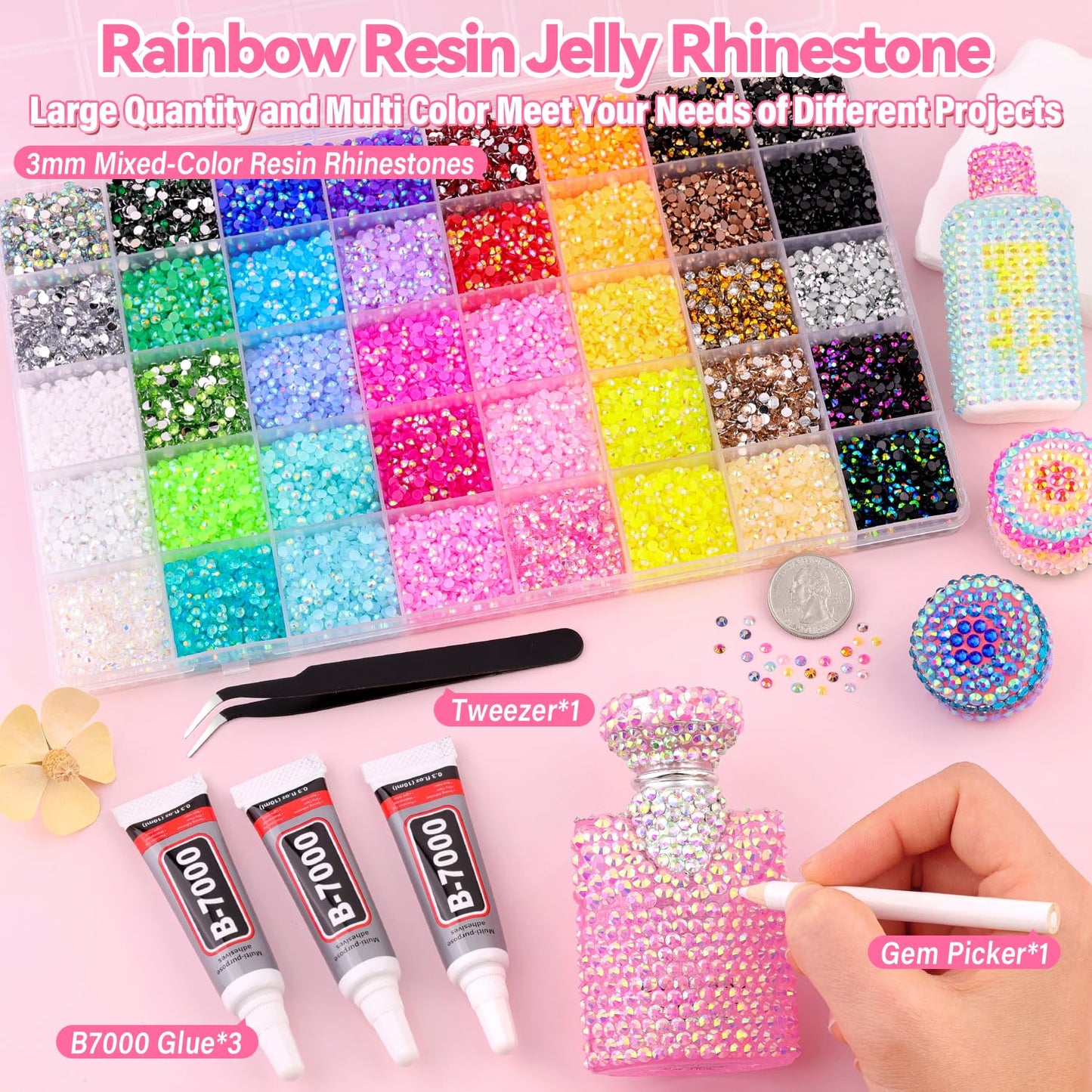 40000Pcs Jelly Rhinestones for Bedazzling Kit, Multi-Color 3mm Resin Flatback Gems with 3Pcs 10ml B7000 Jewelry Glue, Bedazzled Crystal for DIY Crafts Clothing Nail Art Makeup