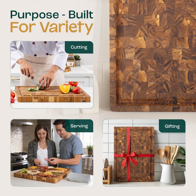 Yes4All Durable Teak Cutting Boards for Kitchen, [24''Lx18''Wx1.5” Thick] Extra Large End Grain Cutting Board, Pre Oiled Wood Cutting Boards, Thick Chopping Board w/Juice Grooves and Easy Grip Handle