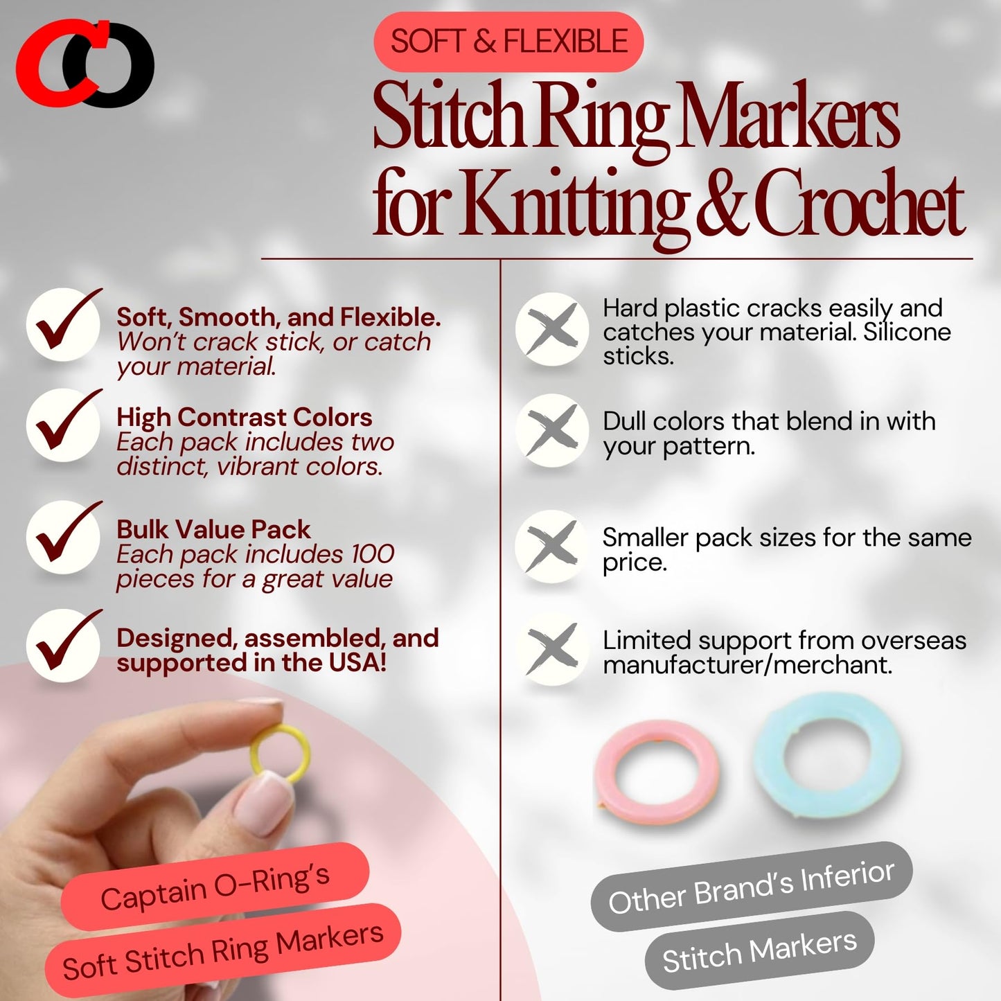 (100 Pack) Soft Stitch Ring Markers for Knitting and Crochet - Flexible, Snag-Free Rubber Stitch Markers (Large Size for Needle Sizes 17-35, Orange & White)