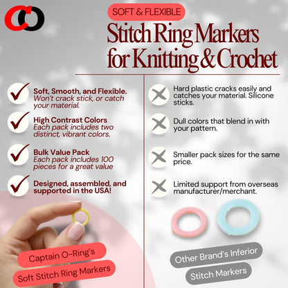 (100 Pack) Soft Stitch Ring Markers for Knitting and Crochet - Flexible, Snag-Free Rubber Stitch Markers (Large Size for Needle Sizes 17-35, Orange & White)