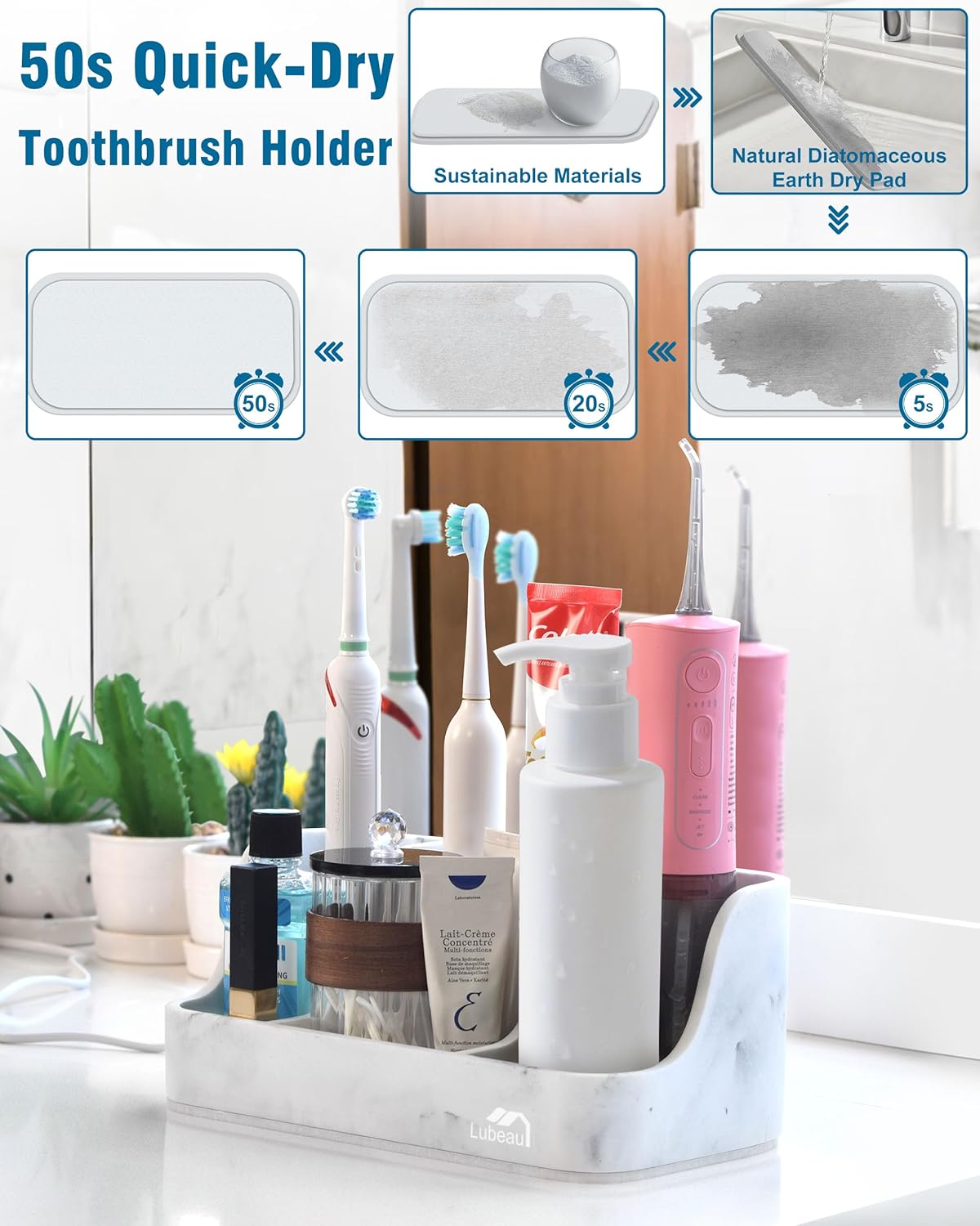 6 Countertop Electric Toothbrush Holder with Instant-Dry & Slots | Upgrade Heavy-Duty Large Organizer with Cable Holes