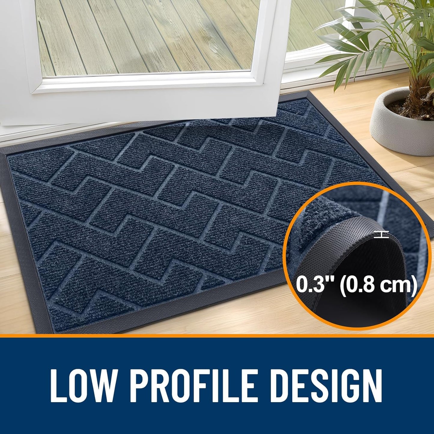 OLANLY Waterproof Front Door Mat - All-Season, Sturdy Natural Rubber, Easy Clean Herringbone Design (Blue, 47x32)