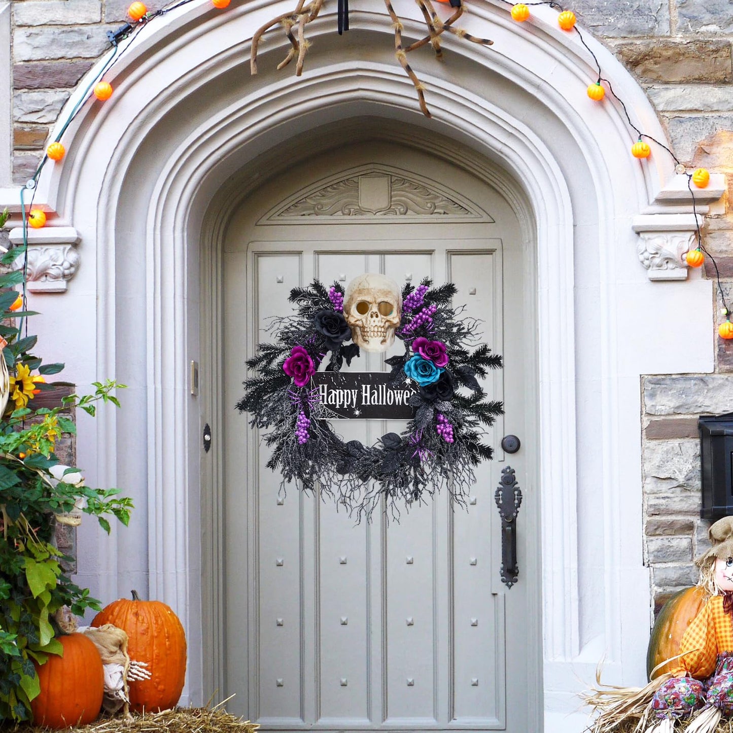 22 in Halloween Wreath for Front Door, Halloween Skull Wreath with Lights, Spooky Halloween Wreaths with Black, Blue, Purple Flowers, Indoor/Covered Outdoor Halloween Props Decoration