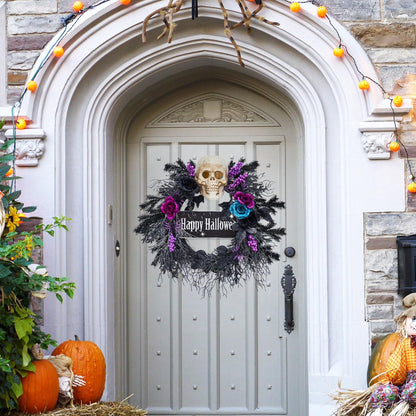22 in Halloween Wreath for Front Door, Halloween Skull Wreath with Lights, Spooky Halloween Wreaths with Black, Blue, Purple Flowers, Indoor/Covered Outdoor Halloween Props Decoration