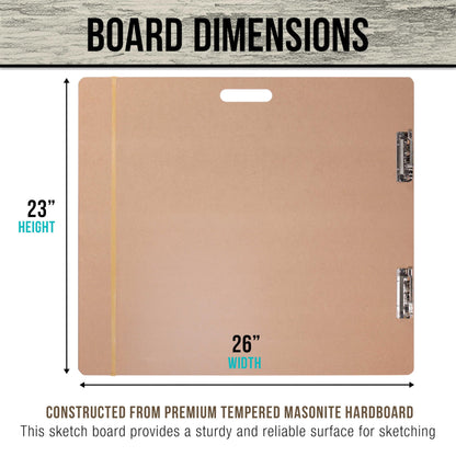 U.S. Art Supply 23" x 26" Artist Sketch Tote Board - Lightweight Hardboard Drawing Board with Handle, Clip & Rubber Band for Art, Sketching, Travel, Studio