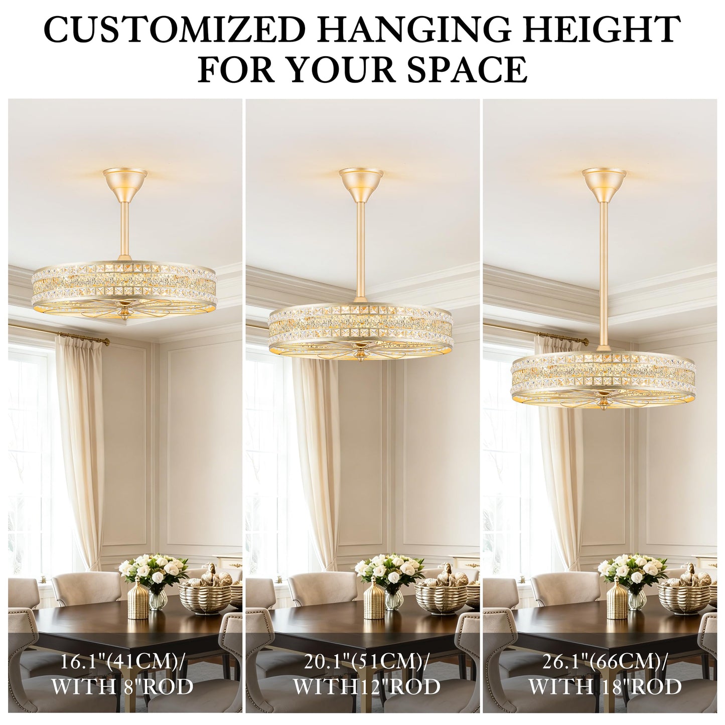 24 Inch Fandelier Ceiling Fan with Light and Remote, Luxury Crystal French Rococo Chandelier Fan, Bladeless Enclosed Caged Pendant Light Fixture for Living Room, Bedroom, Dining Room, Kitchen Island
