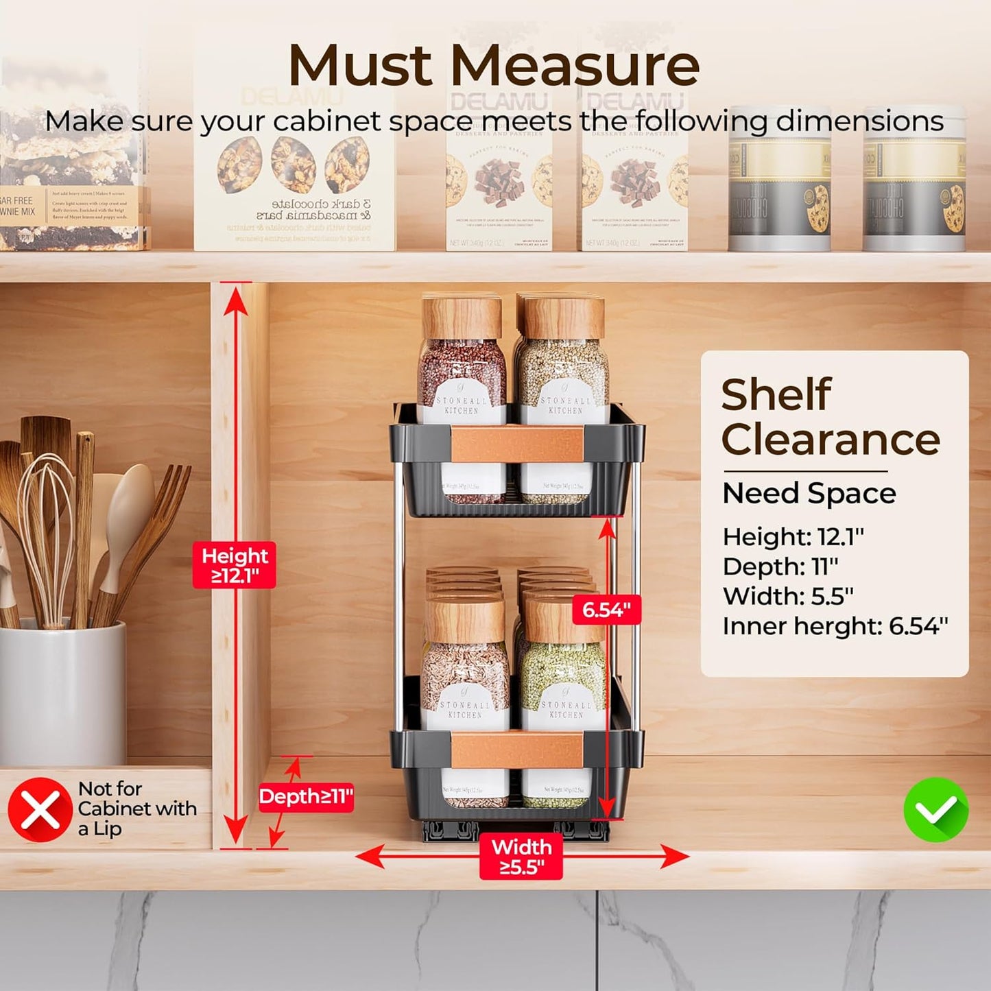 2 Pack 2 Need:12.5'' 11'' 5.5'' Delamu Pull Out Spice Rack Organizer for Cabinet, Tier Slide Out Spice Organization