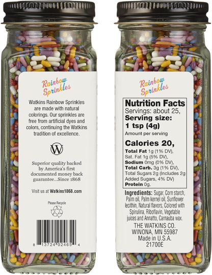 Watkins Rainbow Decorating Sprinkles - No Artificial Dyes, Kosher, 3.4 Ounce Jar | 1-Pack