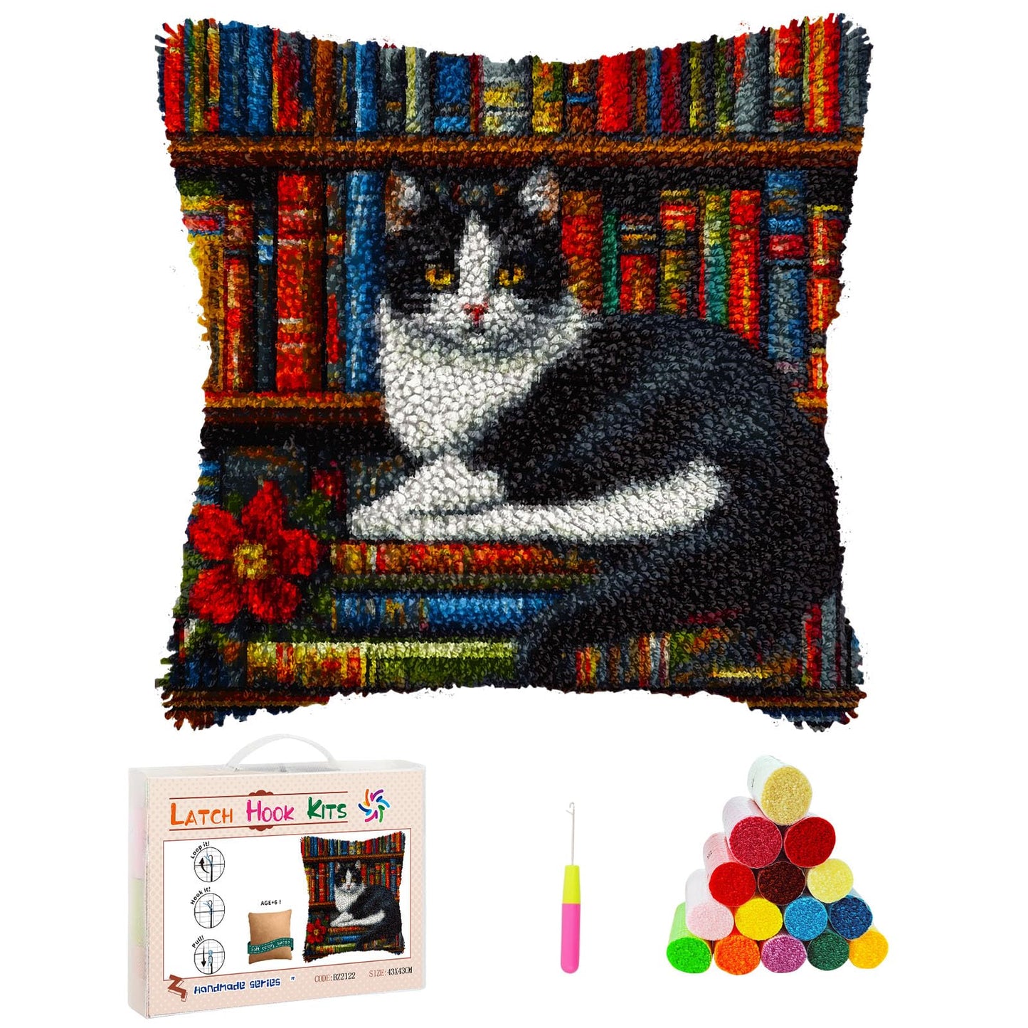 DIY Latch Hook Pillow Cover Kits Black and White Cat on Bookshelf Stampled Handamade Pillowcase Crochet Yarn Hook and Latch Emboridery Throw Pillow for Home Sofa Decor 43x43cm(4)