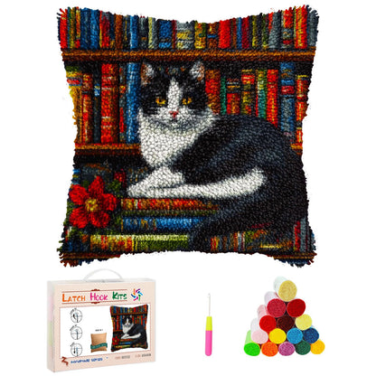 DIY Latch Hook Pillow Cover Kits Black and White Cat on Bookshelf Stampled Handamade Pillowcase Crochet Yarn Hook and Latch Emboridery Throw Pillow for Home Sofa Decor 43x43cm(4)