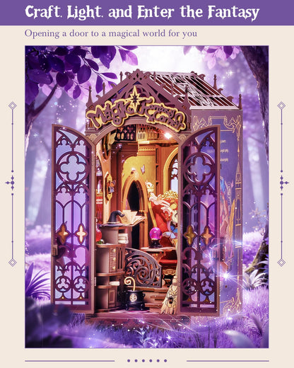 ROBOTIME Book Nook Kit, DIY Miniature House Kit, 3D Wooden Puzzle Bookends, Witch Study Room Bookshelf Decor, Creative Unique Gifts for Adults (Magic Fantasy Corner)