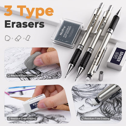 Nicpro 37PCS Art Drawing Supplies Kit, Metal Mechanical Pencil Set 0.5, 0.7, 0.9 & 2mm, 100 Sheets 9x12 Sketch Book, 288PCS Leads, School Supplies Drawing Kit for Artist Adults Teens Kids Sketching