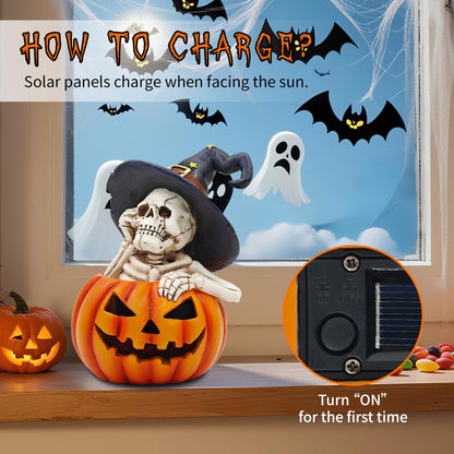 CFFOWNUG Skeleton Halloween Indoor Decoration: 6.1'' Witch Hat Skeleton Ornament with Solar Pumpkin for Home Fireplace Office Party Perfect Figurine Gift for Gothic Lovers