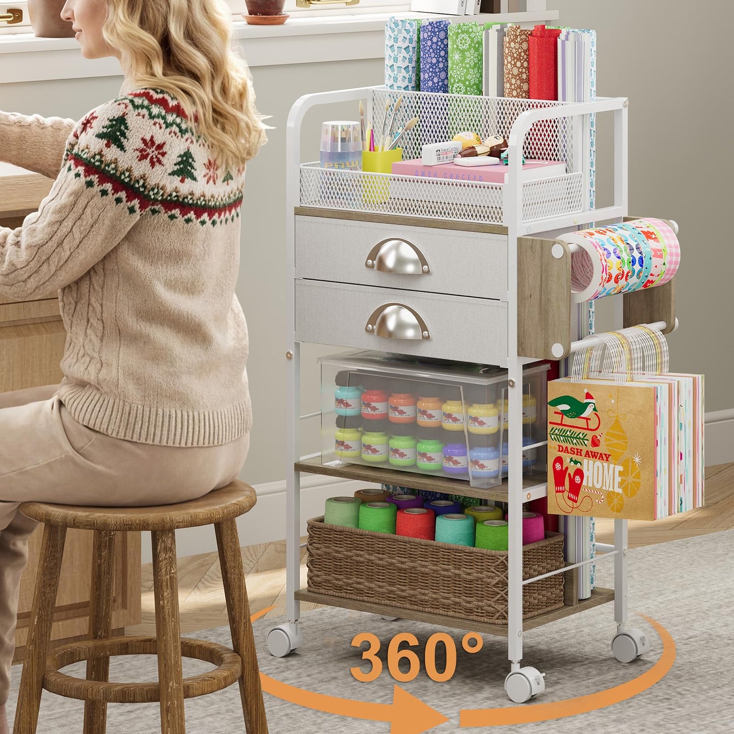 Rolling Craft Storage Cart with 2 Small Fabric Drawers & Lockable Wheels, DIY Organizer for Wrapping Paper, Paints, Brushes, Craft Supplies, Multi-Tier Craft Cart Tape Holder, 16.54x11.4x32.68 Inches