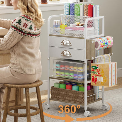 Rolling Craft Storage Cart with 2 Small Fabric Drawers & Lockable Wheels, DIY Organizer for Wrapping Paper, Paints, Brushes, Craft Supplies, Multi-Tier Craft Cart Tape Holder, 16.54x11.4x32.68 Inches
