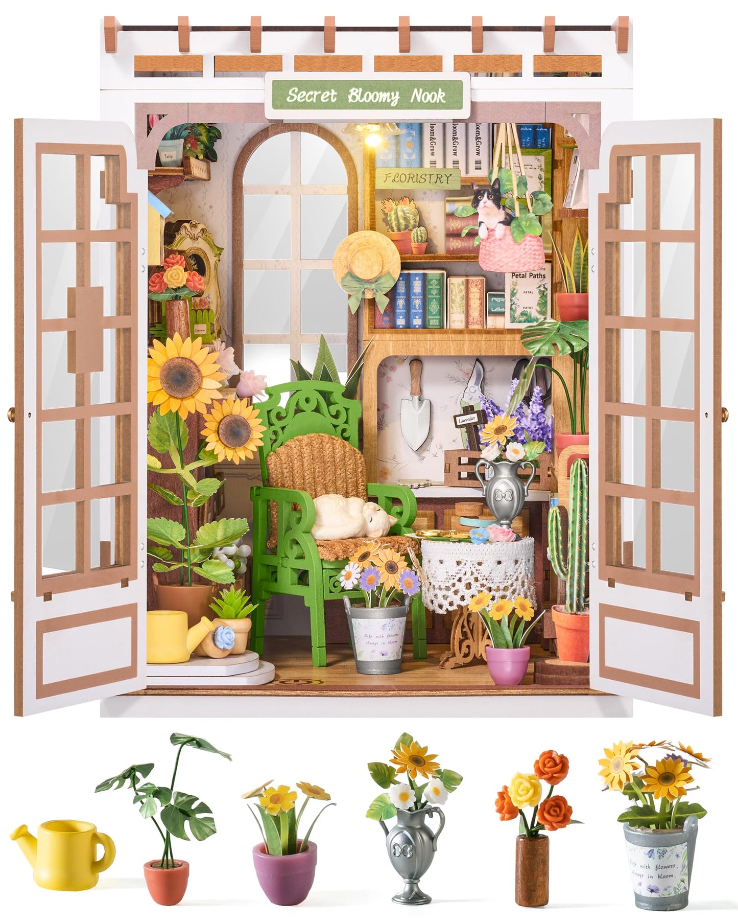 Rolife DIY Book Nook Kit Secret Bloomy Nook, Secret Garden Floral Theme 3D Wooden Puzzle, Plant & Flower Decor for Bookshelf, Creative Gift for Plant Lovers