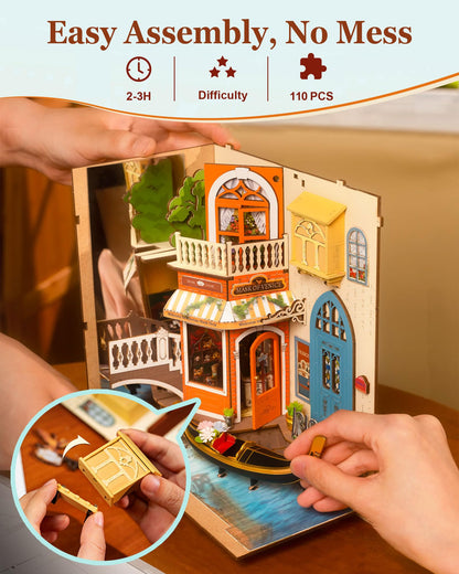 Rolife DIY Book Nook Kits for Adults 3D Wooden Puzzle-Bookshelf Insert Booknook-Miniature Kit-Gifts for Mom Dad Adults (Romantic Venice)