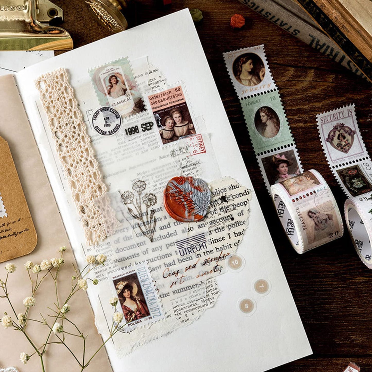 BLEDS 400PCS Vintage Journaling Supplies Pack, Scrapbook Supplies Scrapbook Paper Kit Aesthetic Scrapbook Paper Set Postage Journaling Stamp Stickers for Junk Journals Planner Retro Craft