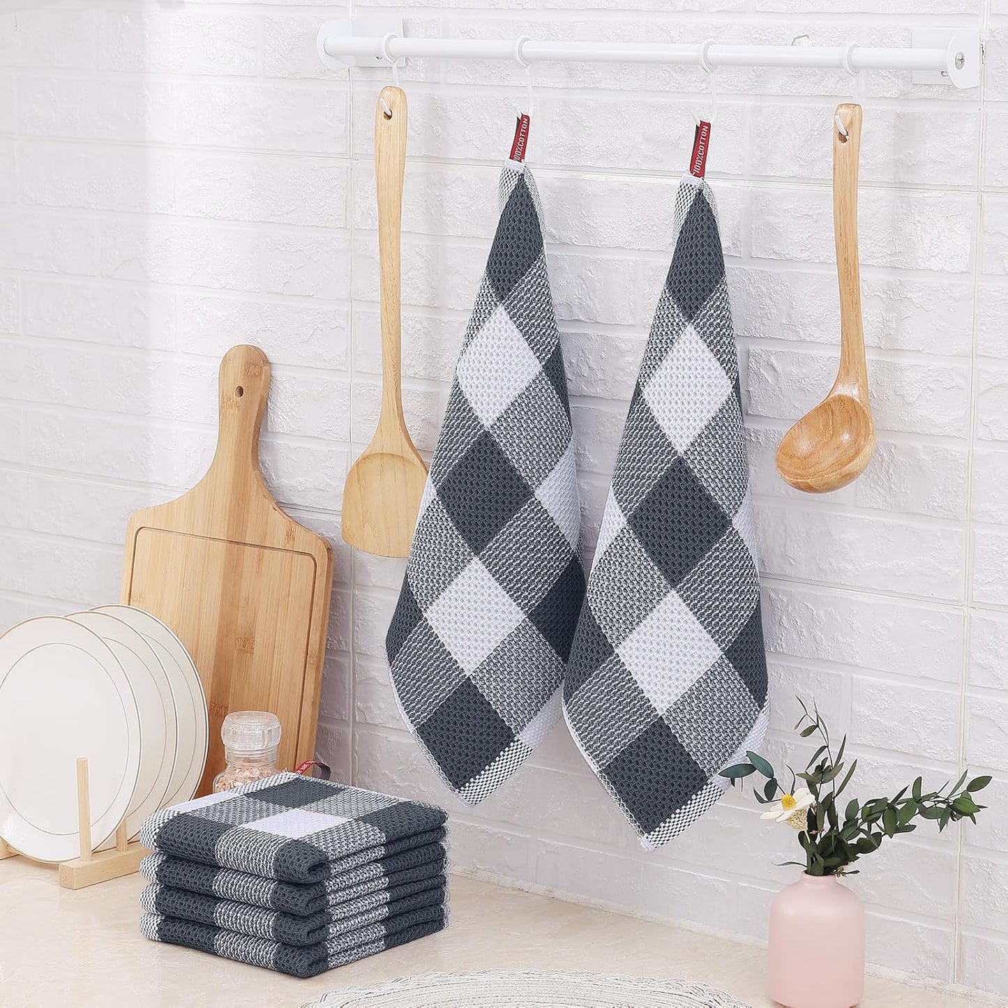 Homaxy 100% Cotton Waffle Weave Check Plaid Dish Cloths, 12 x 12 Inches, 6-Pack Super Soft & Absorbent Dish Towels