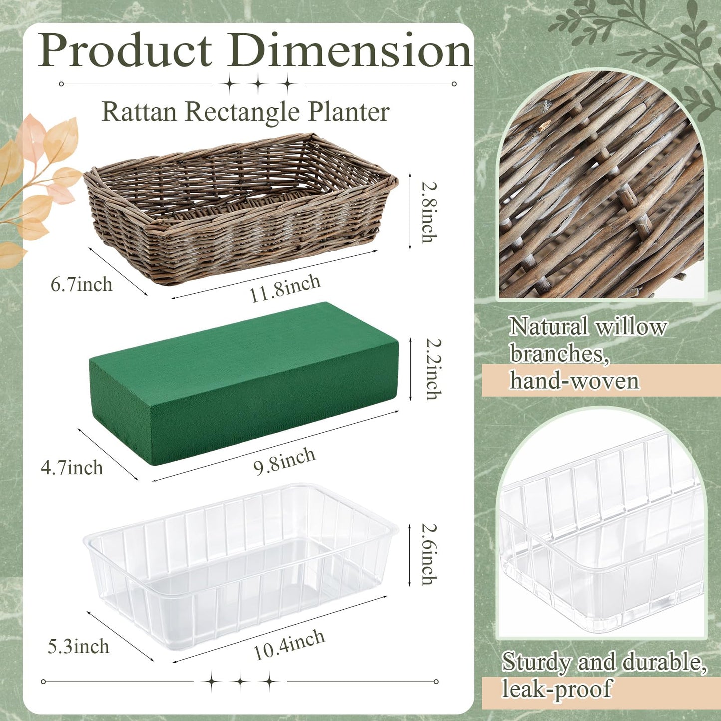 Dandat 1 Set Rectangular Wicker Planter Box for Centerpieces Rattan Planter Basket Kit with Floral Foam & Clear Plastic Liners for Wedding Table Decor, Gardening & Home Decoration