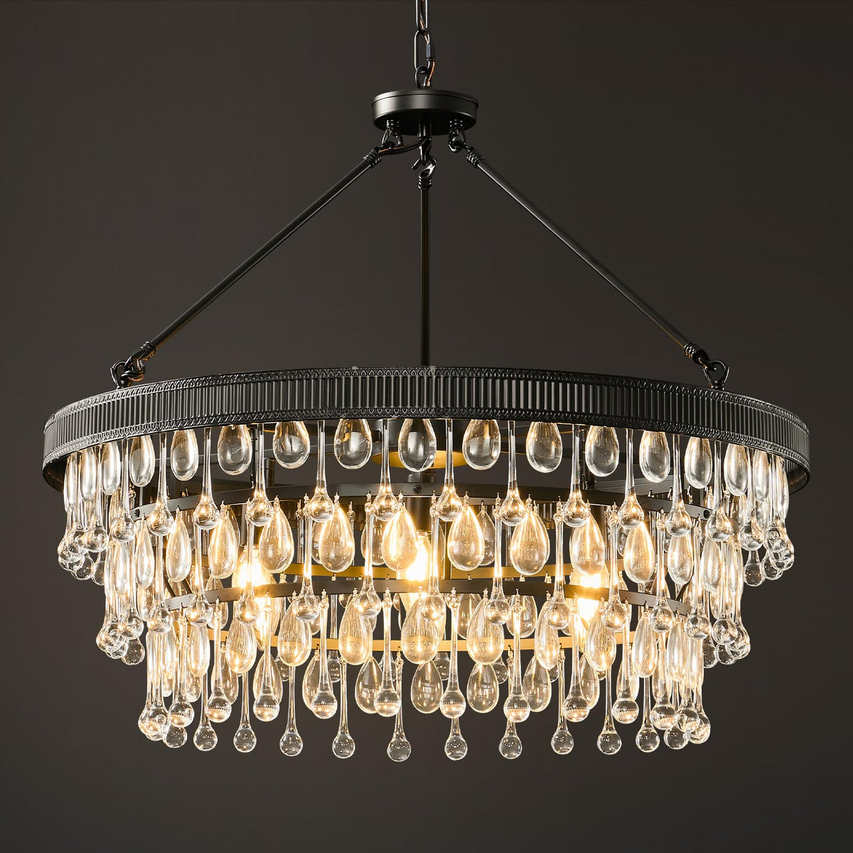 Black Modern Raindrop Crystal Chandelier: 28" Round K9 Crystals Contemporary Chandeliers for Dining Room Lights over Table - Adjustable Large Light Chandelier for Bedroom Living Kitchen Entryway Foyer