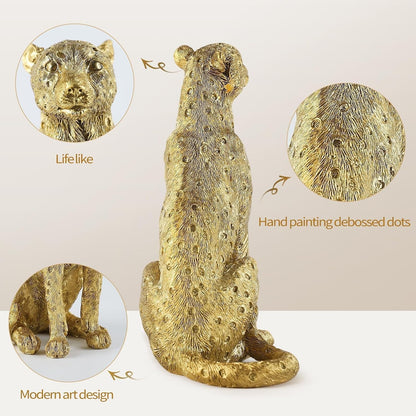 8" Cheetah Statue for Home Decor, Resin Sitting Leopard Sculpture, Gold Desktop Decoration for Living Room, Dining