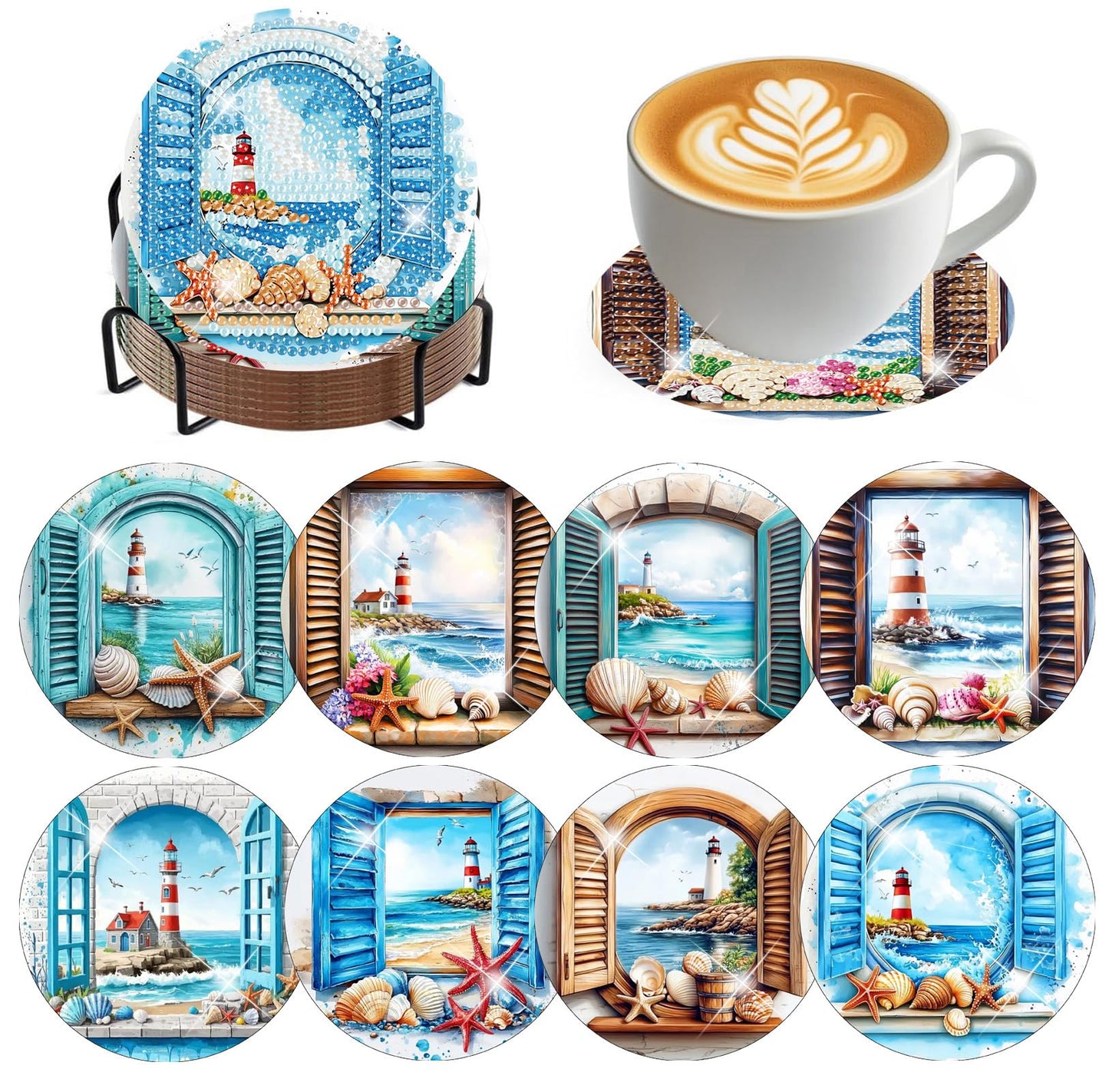 8 PCS Diamond Art Coasters Kits Lighthouse Diamond Painting Coaster Kits Diamond Coasters with Holder Cork Pads Gem Art Dots Paintings Crafts Supplies for Adults Beginners