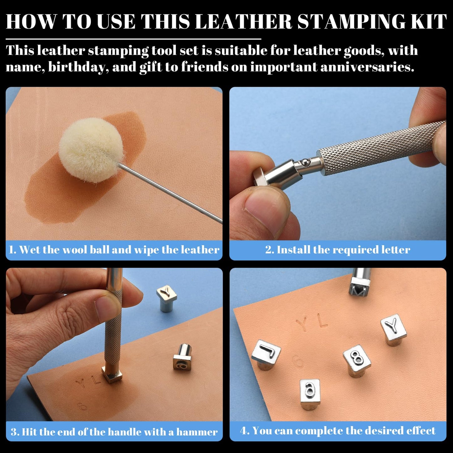 36 Pcs Leather Letter Stamping Kit, 6mm Leather Letter Stamps, Leather Stamping Tools, with 6 Wool Daubers Ball Brush Rubber Hammer for DIY Leather Crafts