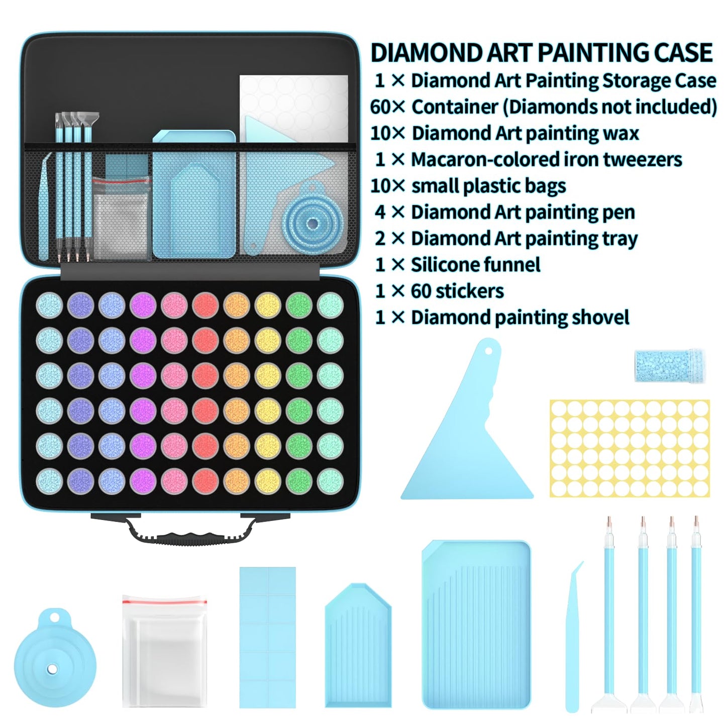 VANSUNS 60 Slots Diamond Painting Storage Containers Kits, Thickened Waterproof Portable Bead Storage Boxes for Diamond Painting Accessories and Tools, Blue