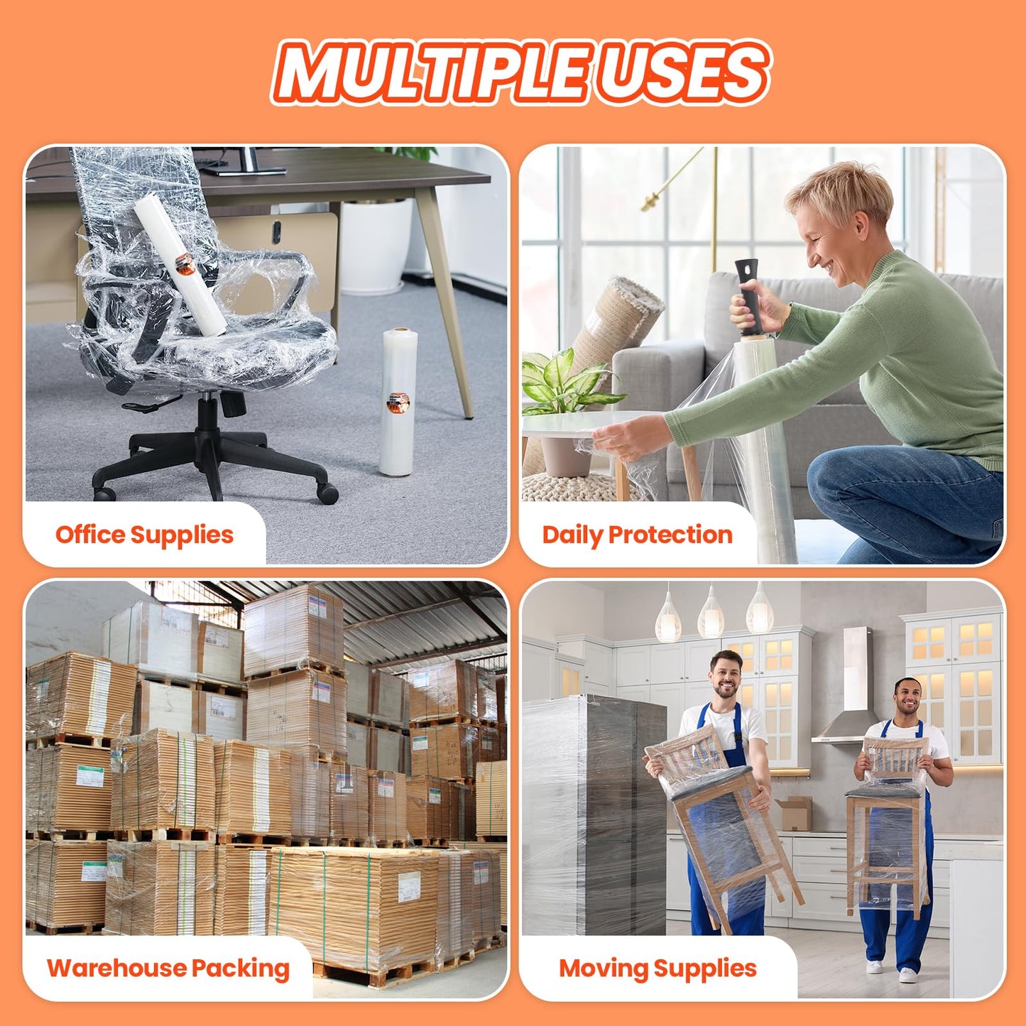 MUNBYN Shrink Wrap, Stretch Wrap with Handles, Stretch Film Roll Industrial Strength, Plastic Wrap for Pallet Wrapping Shipping Moving, 15 Inch x 1000 Ft, 2 Pack, 60 Gauge