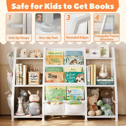 GoTiling Kids Bookshelf and Toy Storage Organizer, Triangle Frame with Extra Wide 3-Tier Sling Pockets, Freestanding Montessori Book Display Rack for Toddler Room, Nursery, and Playroom, White