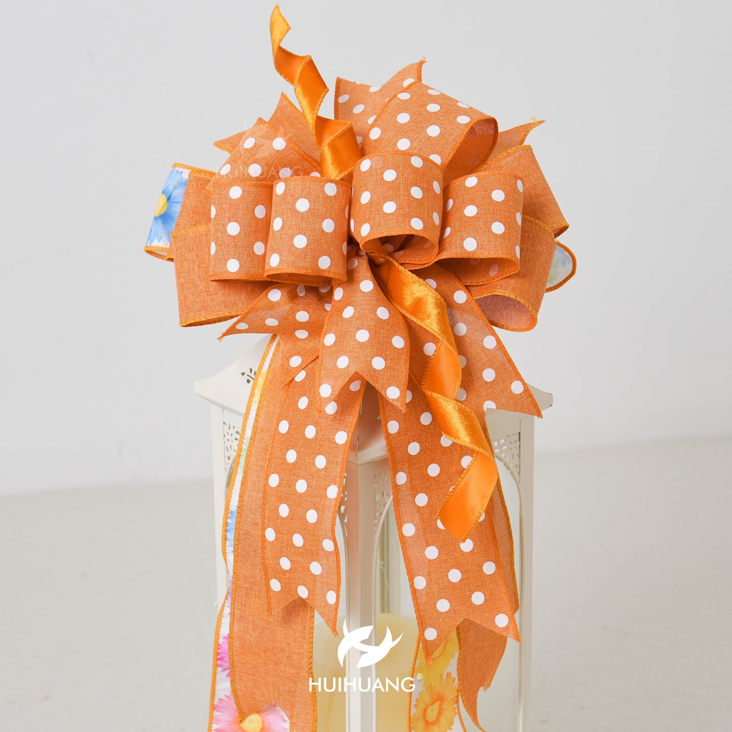 HUIHUANG Orange Polka Dot Wired Ribbon, 2.5 Inch X 10 Yards - Orange and White Dot With Wire Edge for Crafts, Fall Wreath Supplies, Gift Wrapping, Basket Bows, and Decor