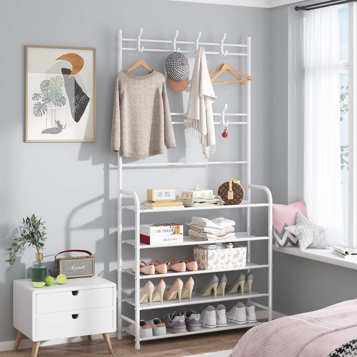 Rack,3-in-1 5-Tier 8 hooks,20-25 UDEAR Entryway Coat Hall Tree Multifunctional Storage Shelf with Shoe Bench and Pairs