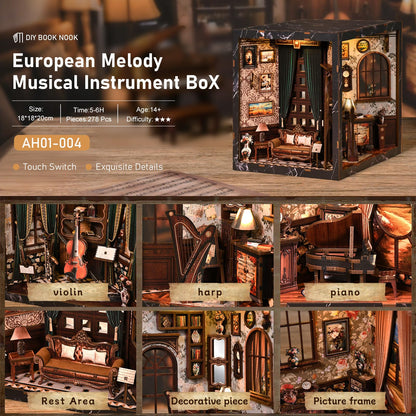 Book Nook Kit for Adults,360° View DIY Miniature Dollhouse Kit with LED, Classical Music Room 3D Wooden Puzzle Bookshelf Insert Decor, Creative Hobby Gift for Teens and Men