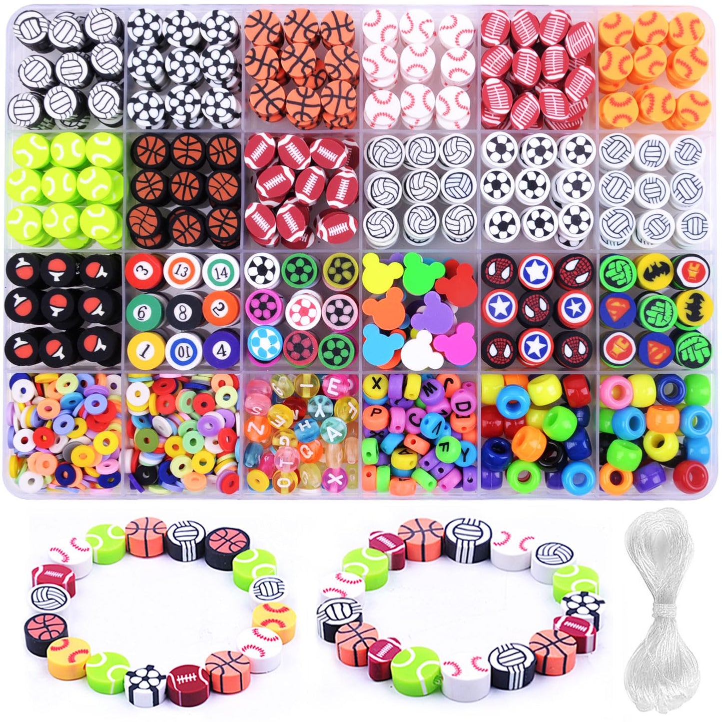 1000PCS Polymer Clay Beads Bracelet Making kit, 24 Style Cute Fun Beads Sports Ball Volleyball Softball Baseball Basketball Soccer Rugby Football Charms for Jewelry Making DIY for Women Girls