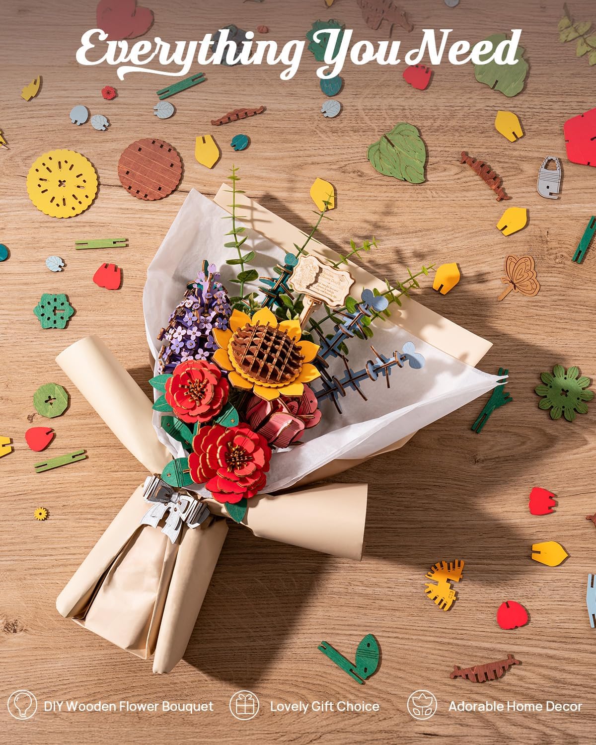 Rowood 3D Puzzles for Adults,DIY Wooden Flower Bouquet Building Set Craft Kit,Artificial Flower Botanical Collection,Mothers Day/Valentine's Day/Christmas/Birthday Gift for Women/Mom-TW01H