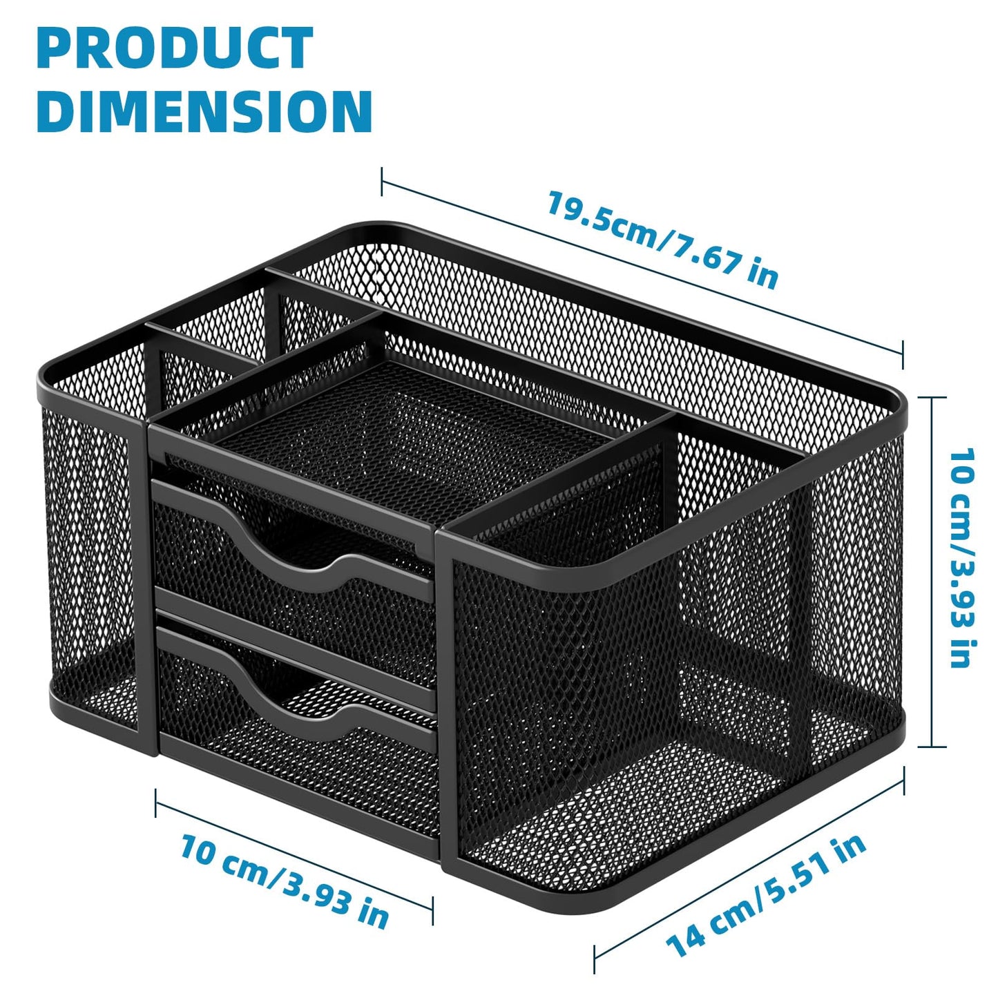 Marbrasse Mesh Desk Organizer, Pen Organizer with 2 Drawer, Multi-Functional Pencil Holder, Desk Organizers and Accessories with 5 Compartments + Drawer for Office Art Supplies (Black)