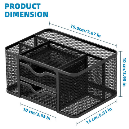Marbrasse Mesh Desk Organizer, Pen Organizer with 2 Drawer, Multi-Functional Pencil Holder, Desk Organizers and Accessories with 5 Compartments + Drawer for Office Art Supplies (Black)