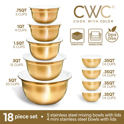 COOK WITH COLOR 18 Piece Mixing Bowls Set with Airtight Lids, Stainless Steel Bowl Organizers, Food Storage Containers, Meal Prep, Nesting Salad Bowls For Cooking, Baking, Kitchen Use, Gold