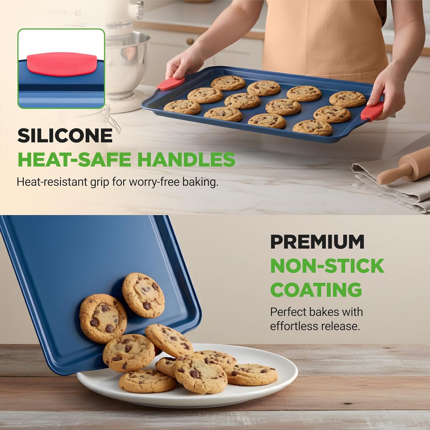 NutriChef Nonstick Cookie Sheets Set - Premium Carbon Steel Baking Trays with Silicone Handles | Large, Medium, Small - Blue